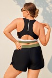 Black Colorblock Zipper Back Sporty Plus Size Bikini Top with Boy Short Set