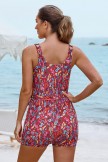 Red Floral Scoop Neck Wide Straps Button Belt OnePiece Swimsuit