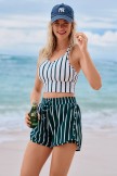 White And Green Striped VNeck Cute And Vibrant Bikini Top and Boy Short Set