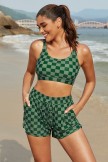 Dark Green Square Lattice Square Neck Adjustable Straps Sporty Bikini Top And HighWaist Boy Shorts Set