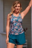Bold & Lively Green Tropical Flower Style Tankini Top and Boy Short Set