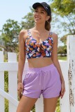 Purple Floral Knot Front Chic Bikini Top with Boy Short Set