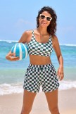 Green Checked HighWaisted Sporty Bikini Top and Boy Short Set