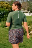 Green ShortSleeved Zipper Sporty Plus Size Tankini Top with Boy Short Set
