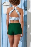 White Stripe Wide Straps Scoop Neck Bikini Top With Boy Shorts Sets