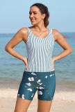 Green Striped Sporty Bikini Top with Boy Short Set