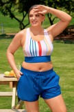 Colorful Striped Zipper Stylish Plus Size Bikini Top with Boy Short Set