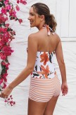 Striped & Floral Halter Strap Twisted Front Ruching Tummy Control Casual OnePiece Swimsuit