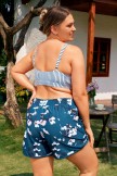 Striped & Floral Adjustable Straps Trendy Plus Size Bikini Top with Boy Short Set