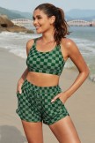 Dark Green Square Lattice Square Neck Adjustable Straps Sporty Bikini Top And HighWaist Boy Shorts Set