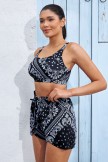 Black Floral Adjustable Straps Bikini Top And Unique Short Set