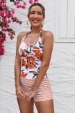 Striped & Floral Halter Strap Twisted Front Ruching Tummy Control Casual OnePiece Swimsuit