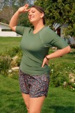 Green ShortSleeved Zipper Sporty Plus Size Tankini Top with Boy Short Set