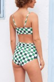 Green And White Plaid Print Scoop Neck Bikini Top And HighWaisted Ruching Bottom