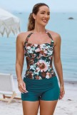 Floral Halter Strap Sweetheart Neck Ruching Tummy Control Casual OnePiece Swimsuit
