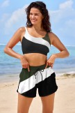 Colorblock Adjustable Straps Elegant Bikini Top and Boy Short Set