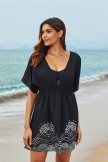 Black Geometric Print V Neck Short Sleeves Cover Up