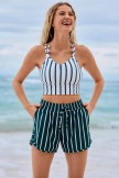 White And Green Striped VNeck Cute And Vibrant Bikini Top and Boy Short Set