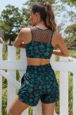 Green Floral Mesh Neck Chic Bikini Top with Boy Short Set