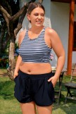Black Striped Scoop Neck Timeless Plus Size Bikini Top with Boy Short Set