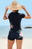 Black Floral Zipper Front Sporty OnePiece Swimsuit