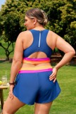 Blue ColorBlock Scoop Neck Racerback Sporty Plus Size Bikini Top