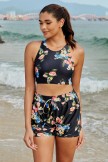Black Floral Scoop Neck Sporty Bikini Top With HighWaisted Boy Shorts Set