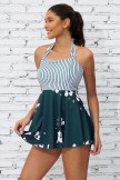 White &  Green Colorblock Stripe Halter Straps Sweetheart Neck Casual Swimdress