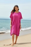 Solid Red Scoop Neck Tassel Edge Batwing Sleeve Loose Beach Dress