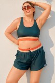Teal Colorblock Zipper Back Sporty Plus Size Bikini Top with Boy Short Set