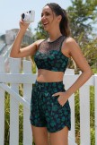 Green Floral Mesh Neck Chic Bikini Top with Boy Short Set