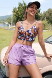 Purple Floral Knot Front Chic Bikini Top with Boy Short Set