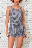 Black Stripe Scoop Neck Wide Straps Button Belt OnePiece Swimsuit