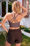 Brown Diamond Pattern VNeck Delicate Vintage Bikini Top with Boy Short Set