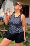 Black Striped Racerback Classic Sporty Plus Size Tankini Top with Boy Short Set