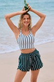 White And Green Striped VNeck Cute And Vibrant Bikini Top and Boy Short Set