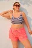 Pink Striped Scoop Neck Charming Plus Size Bikini Top with Boy Short Set