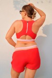 Red Colorblock Zipper Back Sporty Plus Size Bikini Top with Boy Short Set