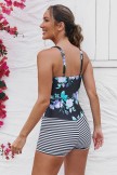 Floral & Stripe Adjustable Straps Twisted Front Ruching Tummy Control Casual OnePiece Swimsuit