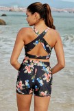 Black Floral Scoop Neck Sporty Bikini Top With HighWaisted Boy Shorts Set