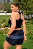 Black Mesh Neck Racerback Vintage Plus Size Bikini Top With Boy Short Set