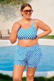 Blue Checked Adjustable Straps Chic Plus Size Bikini Top with Boy Short Set