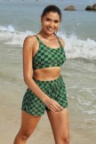 Dark Green Square Lattice Square Neck Adjustable Straps Sporty Bikini Top And HighWaist Boy Shorts Set