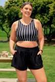 Black Striped Crossback Timeless Plus Size Bikini Top with Boy Short Set