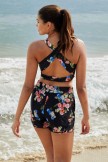 Black Floral Scoop Neck Sporty Bikini Top With HighWaisted Boy Shorts Set