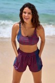 Purple Checked Adjustable Straps Romantic Bikini Top and Boy Short Set