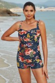 Dark Green Floral Sweetheart Neck Adjustable Straps Ruching Front OnePiece Swimsuit