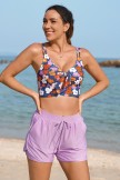 Purple Floral Knot Front Chic Bikini Top with Boy Short Set