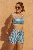 Green & White Stripes Square Neck Wide Straps Sporty Bikini Top And HighWaist Boy Shorts