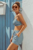 Green & White Stripes Square Neck Wide Straps Sporty Bikini Top And HighWaist Boy Shorts